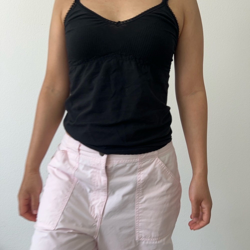 Casual Black Ribbed Tank Top with Lace Trim